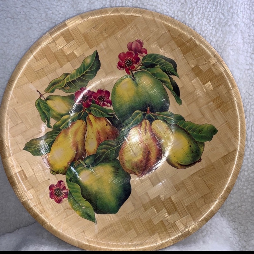 Vintage Pressed Match Wood Light color weave design 14" fruit bowl decor READ
